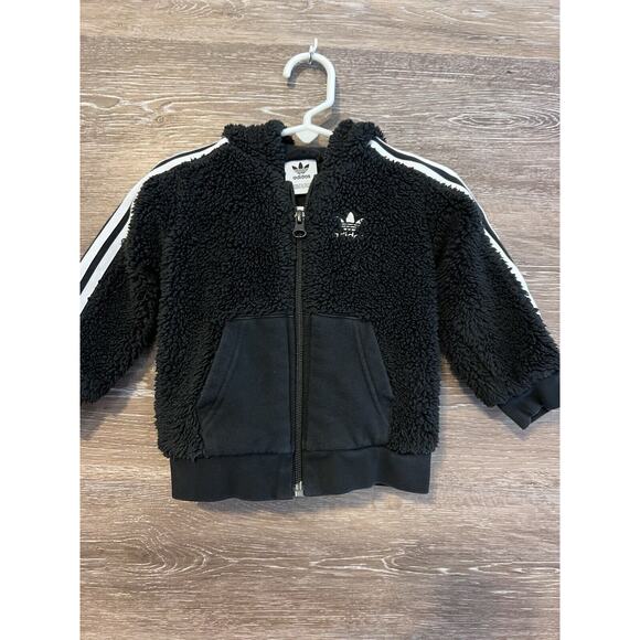 Adidas Baby Black Sherpa Jacket 9-12 Months Hoodie Zipper - Picture 1 of 6